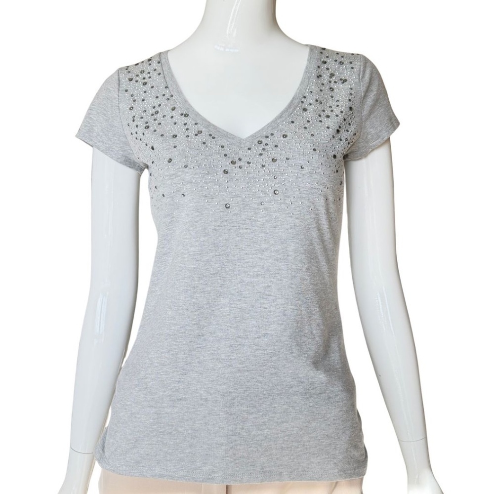 Cache Grey Rhinestone Studded Short Sleeve Tee With Ruched Sides Size Medium - Picture 7 of 7